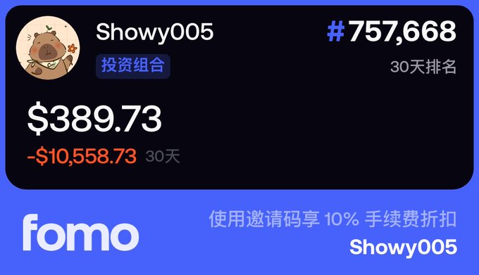 The image shows a FOMO portfolio for user "Showy005" with a current value of $389.73 and a 30-day loss of -$10,558.73, ranked #757,668, along with a referral code offering 10% off fees—supporting the poster's claim of significant cumulative losses on the platform.
