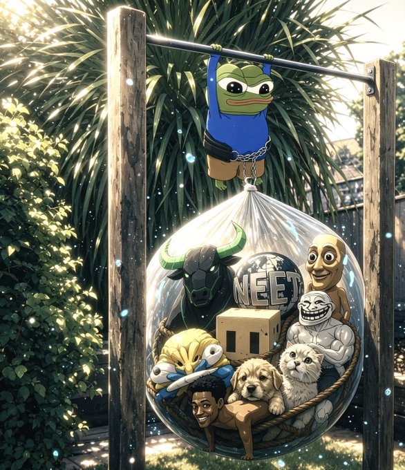 An AI-generated image of a Pepe frog doing pull-ups, with a bag containing NEET token and various meme characters including a black bull, dogs, and cat.