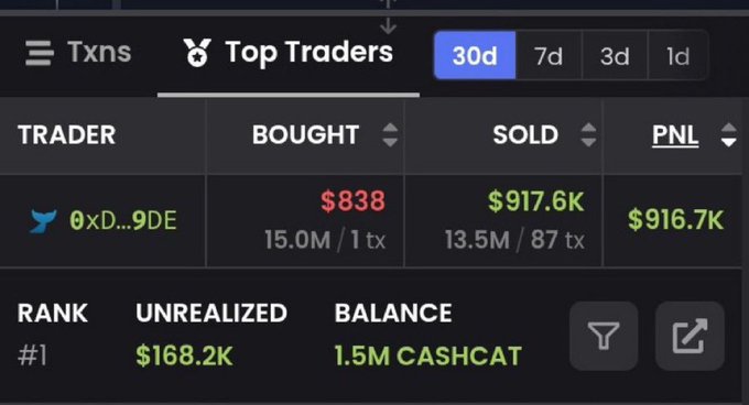 A trading dashboard showing Top Traders statistics with columns for TRADER, BOUGHT, SOLD, and PNL, listing a wallet (0xD...9DE) that bought $838 and sold $917.6K for a PNL of $916.7K, holding 1.5M CASHCAT.