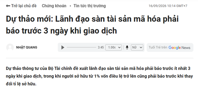 A Vietnamese news article titled "Dự thảo mới: Lãnh đạo sàn tài sản mã hóa phải báo trước 3 ngày khi giao dịch" (New draft: Leaders of crypto asset exchanges must report 3 days in advance when trading), authored by Nhật Quang and dated 16/09/2026, which discusses proposed regulations requiring exchange leaders to provide advance notice before transactions, with majority shareholders (1% of charter capital or more) also subject to disclosure requirements when changing ownership stakes—directly relating to the accompanying post about tightened reporting regulations for domestic exchange leaders.
