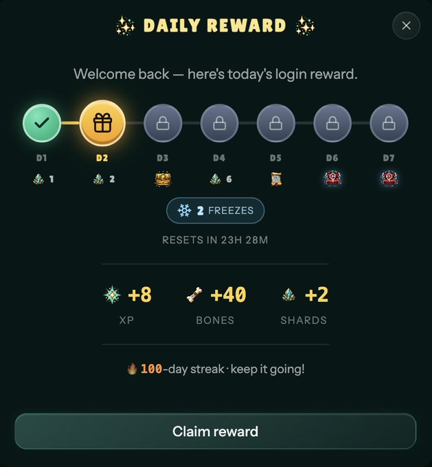 A 'DAILY REWARD' screen shows a 100-day streak with the D2 reward ready to claim, offering +8 XP, +40 bones, and +2 shards.