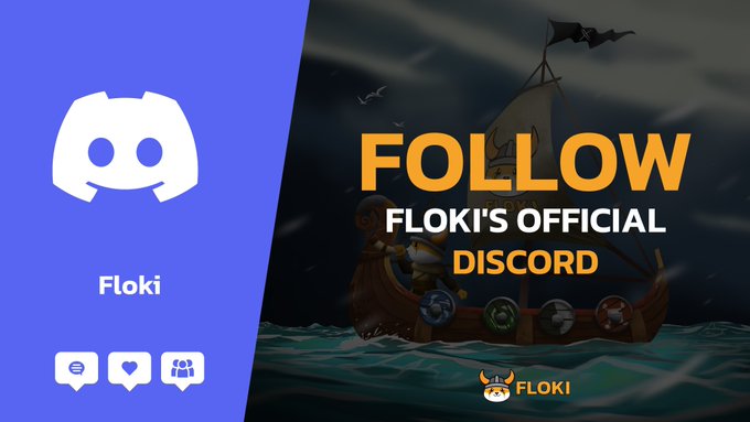 Promotional graphic for Floki's official Discord server, featuring the Discord logo, "Floki" branding, and the text "FOLLOW FLOKI'S OFFICIAL DISCORD" alongside an illustration of a Viking ship at sea with the Floki logo, encouraging users to join the gaming community for discussions on Valhalla and other Floki-related topics.