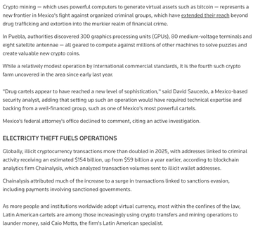 Article excerpt discussing crypto mining operations in Puebla, Mexico, including 300 graphing processing units (GPUs), 80 medium-voltage terminals, and eight satellite antennas, with quotes from security analyst David Saucedo about cartel sophistication.