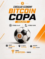 A promotional graphic for the 'CIRCULAR ECONOMY BITCOIN COPA CO-UTE' featuring a soccer ball with a Bitcoin logo, scheduled for January 9-10 at Estadio Plaza, with a prize of 0.10 BTC in TRXUSD.