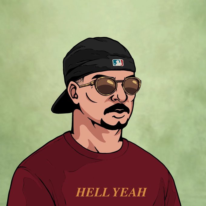 A cartoon illustration depicts a man with a mustache and goatee wearing a black MLB backwards cap, sunglasses, and a maroon shirt with the text 'HELL YEAH'.