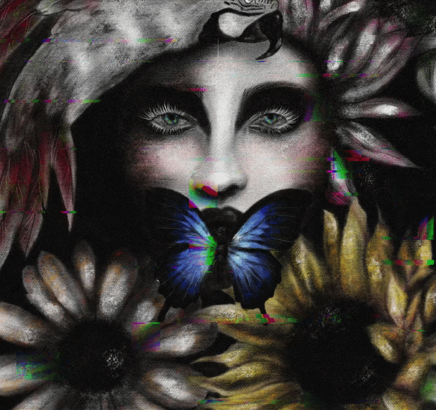 A haunting portrait of a pale woman's face with striking green eyes and dark lips, with a large blue butterfly covering her mouth, overlaid with colorful digital glitch effects and surrounded by flowers.