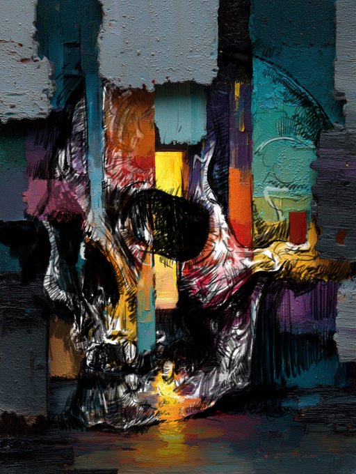 An abstract, heavily textured painting featuring thick brushstrokes of teal, purple, black, and yellow, depicting a vaguely figurative form.