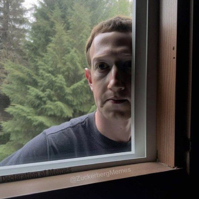 A meme image of Mark Zuckerberg looking through a window with the text 'Declaration of Memes' and watermark '@ZuckerbergMemes'.