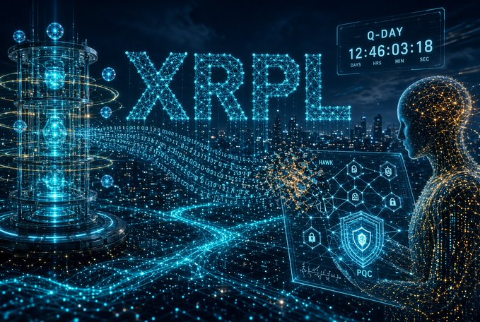 A futuristic digital artwork displaying 'XRPL' in glowing blue letters, with a 'Q-DAY' countdown timer showing 12:46:03:18, a humanoid figure, and security icons referencing quantum computing threats.