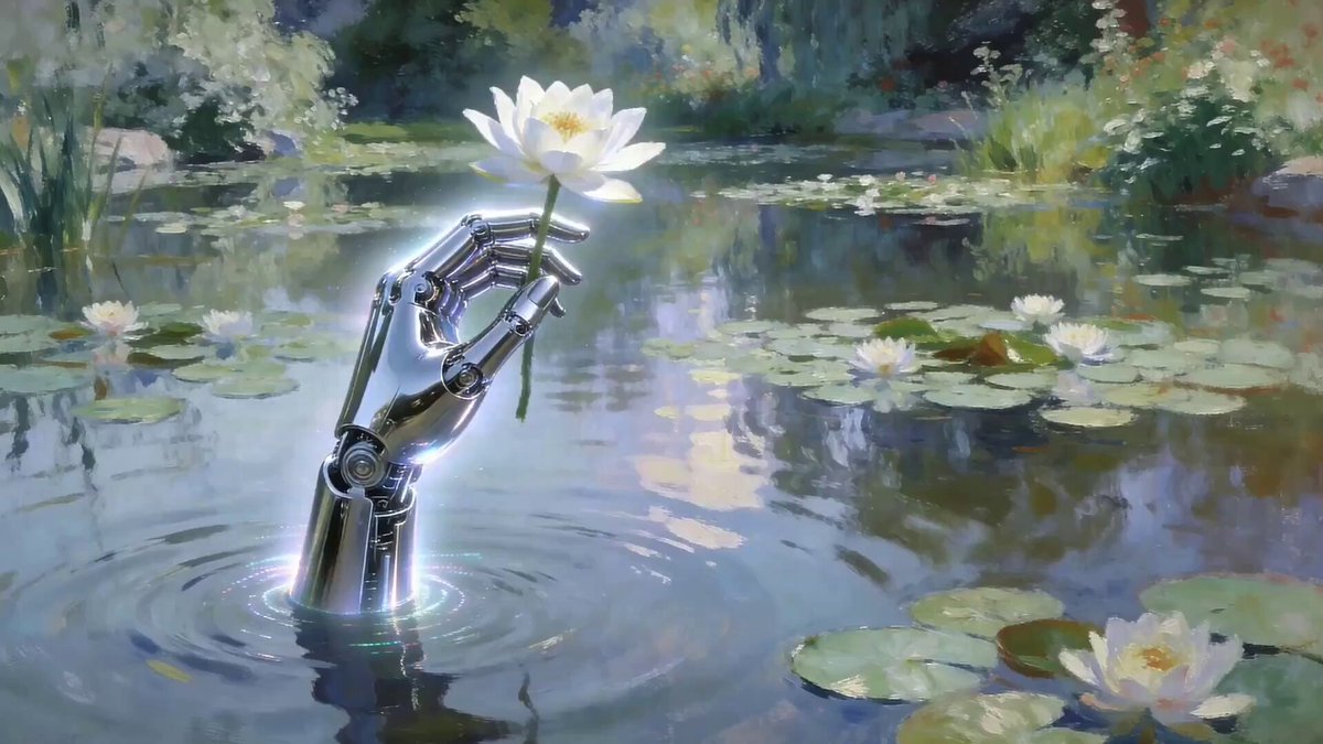 The image features an illustration of a robot's hand holding a white flower that floats above water. The scene takes place in a pond with lily pads, surrounded by trees and bushes. The painting has a surreal and dreamlike quality, giving it a sense of mystery and intrigue. The artist has used the robot's hand as a symbol for resilience and adaptation to challenging circumstances.