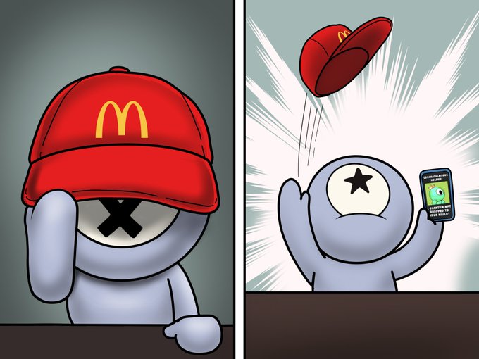 A two-panel comic featuring a white cartoon character with X-shaped eyes wearing a red McDonald's cap, and in the second panel throwing the cap while holding a phone displaying a Grimace character and the text 'SUPERSTAR CHAOS GETS READY TO GRAB A WALLET'.