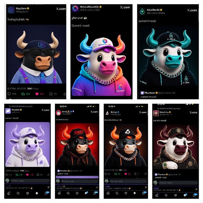 A collage of eight X.com (Twitter) posts from various crypto token accounts (Raydium, RefundYourSOL, KindWorld, Phantom, Shady, BingX, WatcherGuru) all featuring 3D-rendered bull characters wearing different branded caps and hoodies with captions like 'feeling bullish' and 'current mood:'.