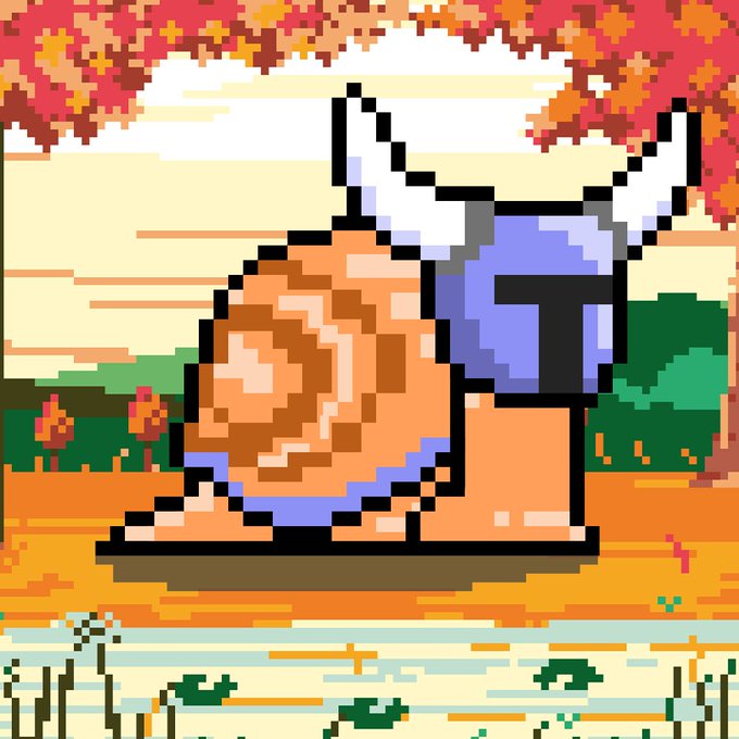 Pixel art illustration of a snail with a horned Viking-style helmet featuring the letter 'T', set against an autumn landscape with a sunset sky.
