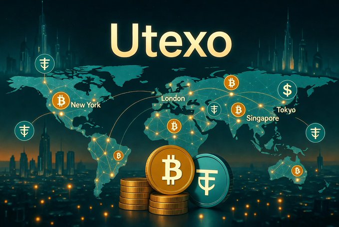The image features a map with various countries, including New York, London, Tokyo, Singapore, Australia, and Canada, all connected by lines representing Bitcoin transactions. The Bitcoin logo is prominently displayed at the center of the image. In the foreground, there are stacks of gold Bitcoins and silver Bitcoins, symbolizing stablecoins like Utexo. The text in the image reads: "Utexo's Impact on the Bitcoin Ecosystem and Stablecoins Utexo’s launch marks a key milestone: USDT can now move natively on Bitcoin without risky bridges or sidechains."