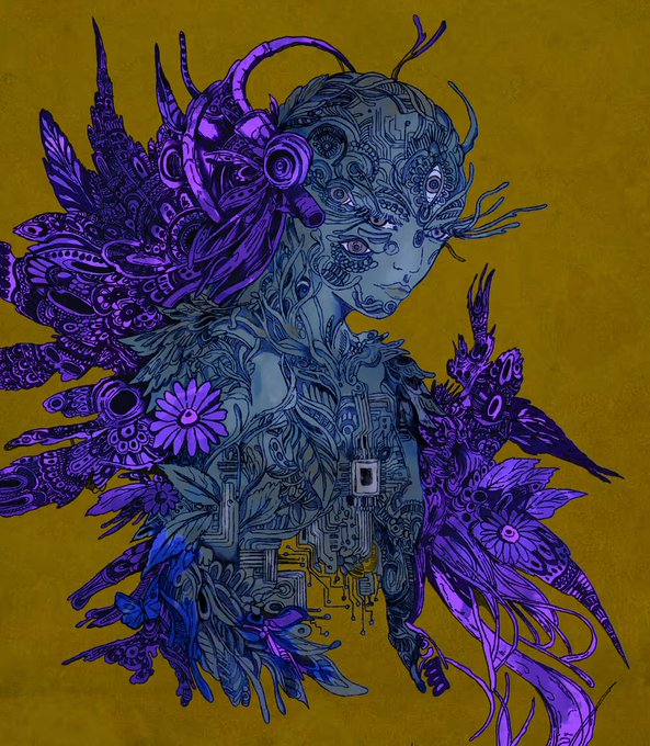 An intricate surrealist illustration depicts a cybernetic figure with circuit patterns, purple feathers, and floral elements on a mustard yellow background.