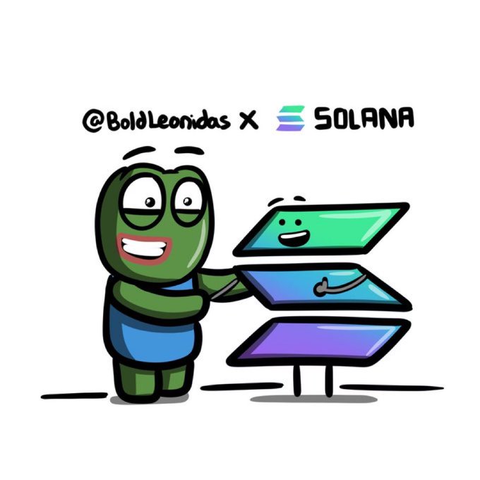 A cartoon illustration of a green character smiling and interacting with floating panels, with text '@BoldLeonidas X SOLANA' at the top.