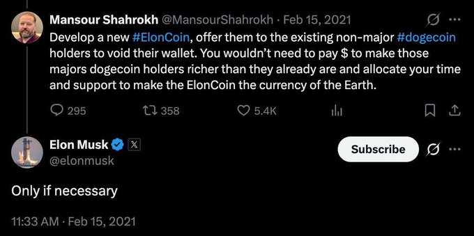 A tweet from Mansour Shahrokh (@MansourShahrokh) dated February 15, 2021, proposing to Elon Musk that he develop a new "#ElonCoin" cryptocurrency as an alternative to Dogecoin, receives a brief reply from Musk (@elonmusk) stating "Only if necessary." The exchange relates to the accompanying post's discussion of a hypothetical $ElonCoin token and its potential ties to $SPCX and $Tesla, suggesting Musk's playful engagement with crypto concepts could support a community-driven comeback despite a prior sell-off.