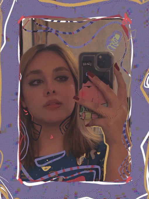 A stylized selfie of a blonde woman with red lipstick holding a smartphone, decorated with colorful digital doodles and frame effects around the image.