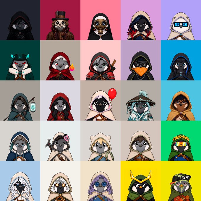 A grid display of 25 NFT character avatars featuring hooded figures in various costumes and color backgrounds, likely from a penguin-themed collection.