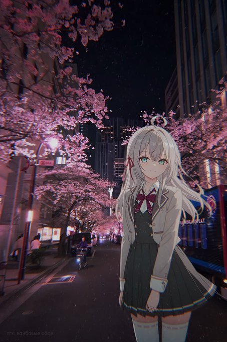 An anime-style illustration of a girl with long white hair, a halo, and a school uniform stands on a street lined with blooming cherry blossom trees at night, with a small credit text at the bottom left.