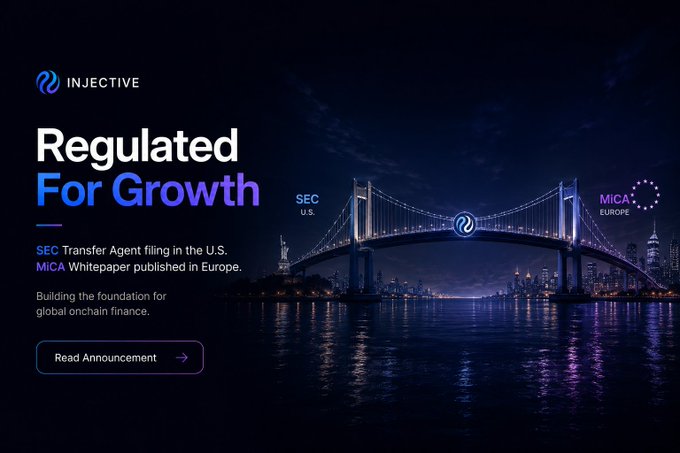 An Injective promotional graphic titled 'Regulated For Growth' features an illuminated bridge at night connecting two cityscapes labeled 'SEC U.S.' and 'MiCA EUROPE,' highlighting the SEC Transfer Agent filing and MiCA Whitepaper publication with a 'Read Announcement' button.