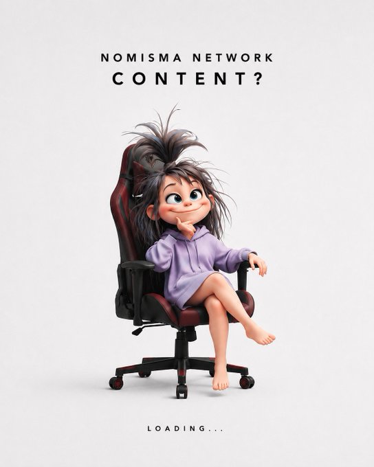 A 3D-rendered cartoon character of a girl with messy hair sitting in a gaming chair in a thoughtful pose, with text reading "NOMISMA NETWORK CONTENT?" and "LOADING..." at the bottom.