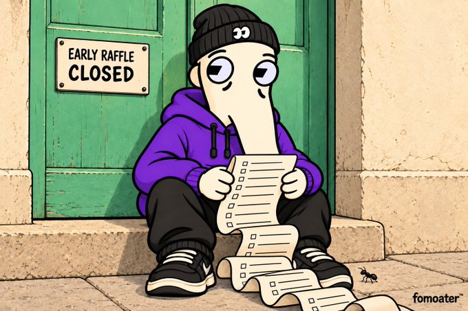 A cartoon character in a purple hoodie and black beanie sits against a green door reading 'EARLY RAFFLE CLOSED,' looking at a long checklist that trails onto the ground, with an ant visible nearby.