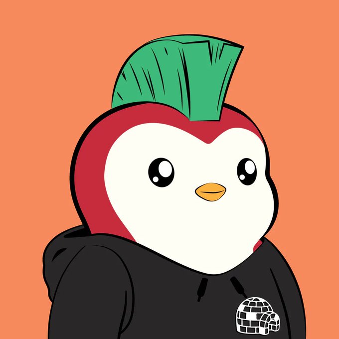 A cartoon penguin mascot with a green tuft of hair, wearing a black hoodie featuring an igloo logo, set against an orange background.