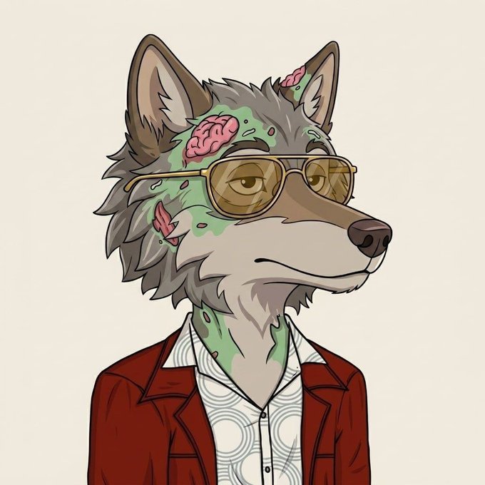 An anthropomorphic wolf character wearing sunglasses, a patterned shirt, and a red blazer features green slime and exposed brain details on its face and neck, serving as the profile avatar for the @Mega_wolf__ giveaway post offering 10 GTD prizes.