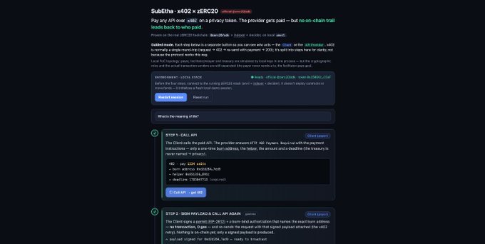 The image shows a technical guide titled "SubEtna: x402 + zERC20" describing how to pay any API over x402 using a privacy token, with detailed steps for calling an API and signing a payload to claim payments via a burner address without leaving an on-chain payer-to-provider trail—directly illustrating the post's explanation of using zk proofs and burn addresses to hide payment records rather than amounts.