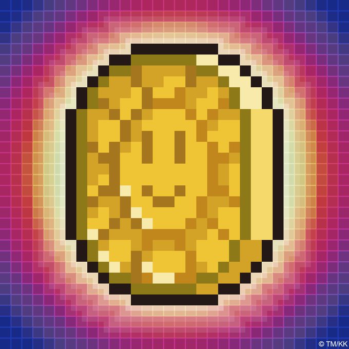A pixel art image of a golden coin or token with a face-like design on a glowing, grid-patterned background, watermarked '© TM/KK'.