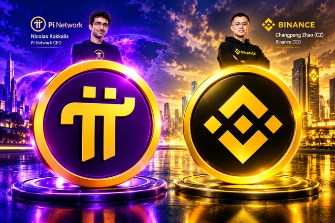 A promotional graphic featuring Nicolas Kokkalis (Pi Network CEO) and Changpeng Zhao (CZ, Binance CEO) standing behind large gold coins representing the Pi Network (π) and Binance (BNB) logos.