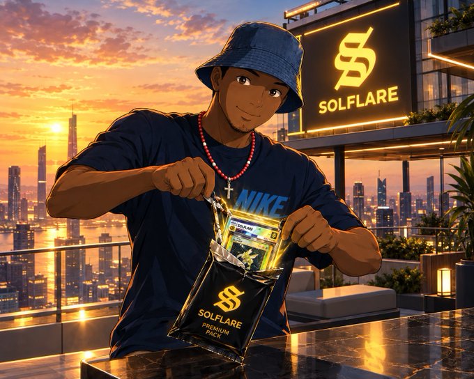 An anime-style character wearing a Nike shirt and bucket hat gleefully rips open a "Solflare Premium Pack" against a vibrant sunset cityscape, with a large illuminated "Solflare" sign in the background—perfectly matching the post's enthusiastic call to action encouraging users to open Solflare NFT packs from their wallet.