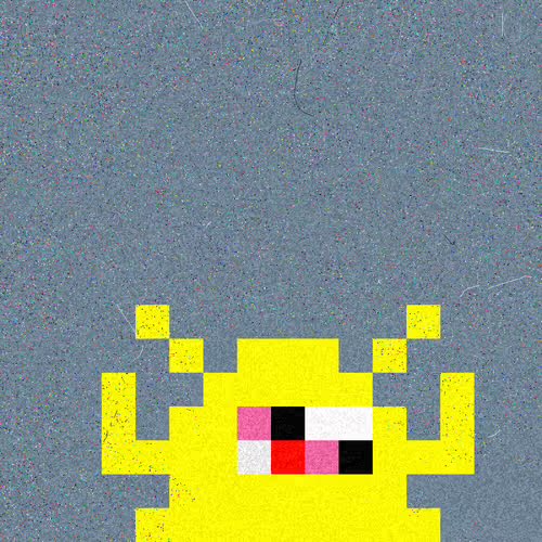A pixelated yellow alien character with antennae and a multicolored face appears at the bottom of a grainy gray image, fitting the retro aesthetic associated with the CreepKids_eth NFT project mentioned in the post.