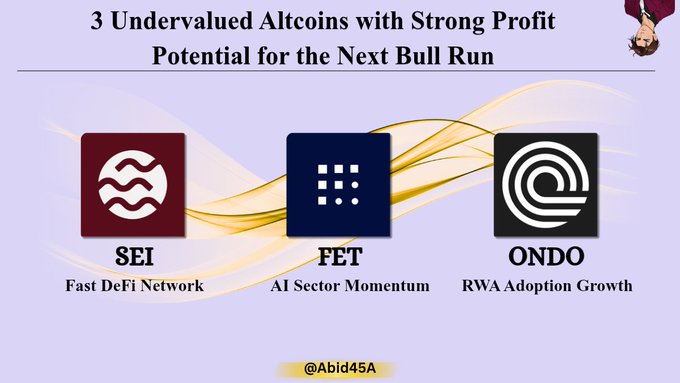 The image shows a presentation slide with three logos, each representing a different altcoin or cryptocurrency. The first logo features a person's face, while the other two logos display coins. The text at the bottom of the image reads "3 undervalued altcoins i'm watching for the next bull run $SEI fast DeFi network $FET AI momentum $ONDO RWA growth which one are you bullish on?". This suggests that the person viewing the slide is interested in investing in these particular altcoins or cryptocurrencies, possibly due to their potential for strong profit.
