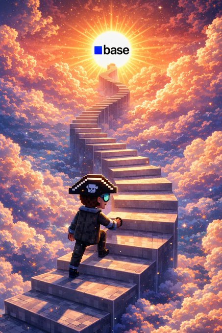 Pixel-art character in a pirate hat and jacket climbing a stone staircase ascending into a glowing sun in a cloudy pink-and-gold sky, with a blue 'base' logo.