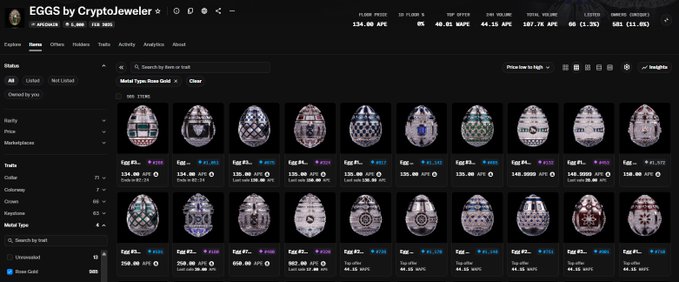 A screenshot of the "EGGS by CryptoJeweler" NFT marketplace on Magic Eden displaying Rose Gold Eggs for sale, showing listed prices in APT and last sale values (with floor prices around 7-8 APT). The image supports the post's claim about Rose Gold rarity, displaying roughly 14 listings across two rows of eggs in the "Metal Type: Rose Gold" filter view.