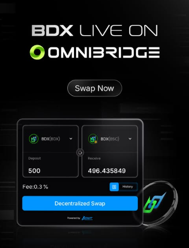 A promotional graphic for a cryptocurrency decentralized swap interface, reading 'BDX LIVE ON OMNIBRIDGE' with a 'Swap Now' button.