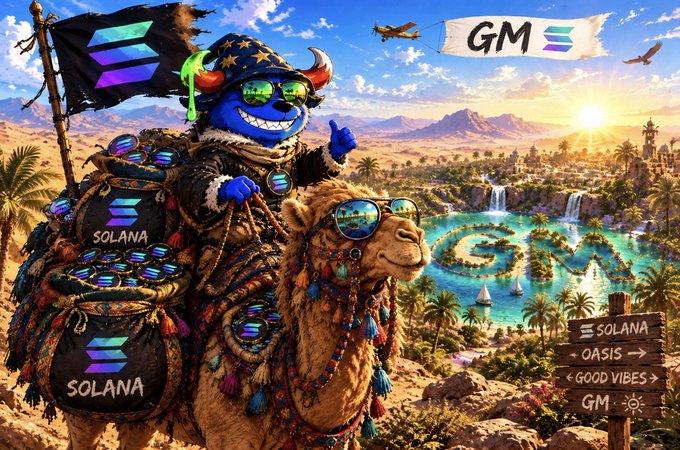 A vibrant digital artwork showing a blue character in wizard attire riding a camel, with Solana logos on bags and a sign pointing to 'Oasis' and 'Good Vibes' in a desert landscape with a 'GM' banner.