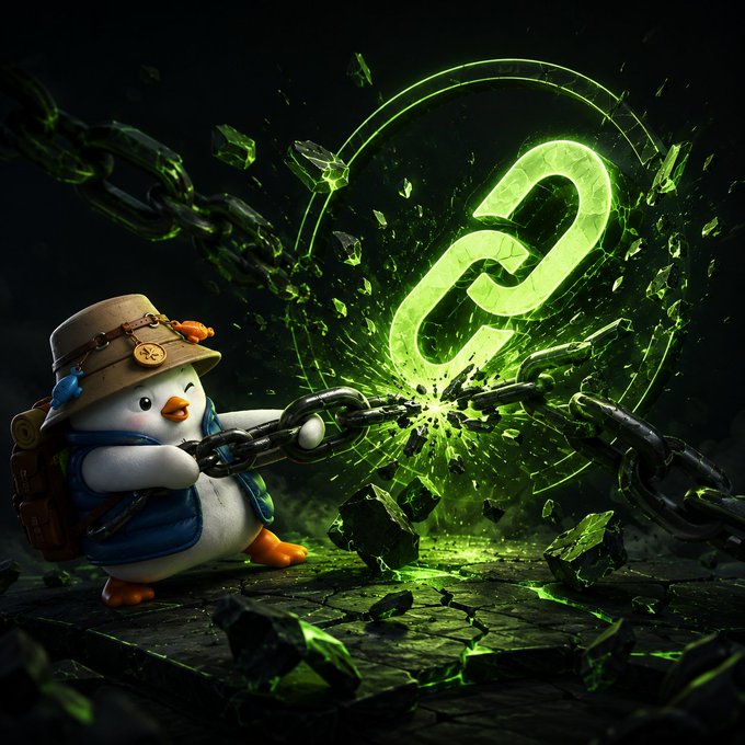 A cute penguin explorer wearing an explorer hat breaks free from chains shattering around a glowing green "CNPY" logo, symbolizing breaking free from renting on others' chains to owning your own.