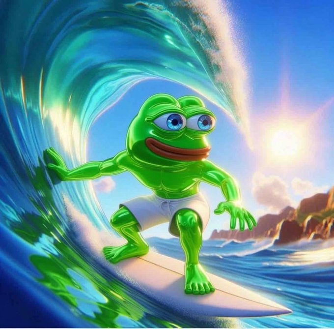 The image features a cartoon frog, possibly a character from the animated series "Pepe", riding a surfboard on top of a wave. The background shows a beautiful ocean scene with mountains in the distance. The caption at the bottom of the image reads "Good morning $PEPE".