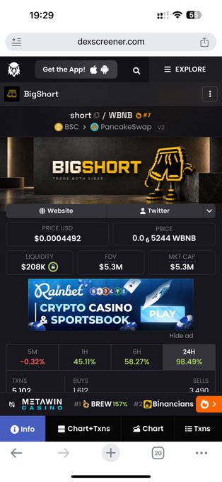 A screenshot of DexScreener showing the BigShort ($WBNB) token at $0.0004492 with $5.3M FDV, $208K liquidity, and a 5.11% price increase over 1 hour, while the caption humorously notes they don't have 100 points to share the Eastern Laos meme.