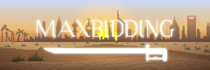 A pixel-art style banner displays the text "MAXBIDDING" with a glowing sword below it, set against a desert sunset backdrop with a city skyline silhouette.