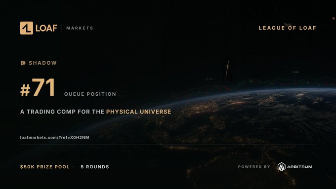 A promotional image for 'LOAF MARKETS' advertising 'LEAGUE OF LOAF' and a '$50K PRIZE POOL' trading competition running for 5 rounds, powered by Arbitrum.