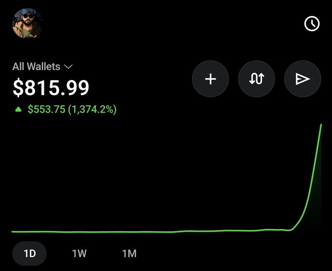 A wallet balance screenshot shows '$815.99' with a green gain of '$553.75 (1,374.2%)' and a sharply rising green line graph on a 1-day timeframe.