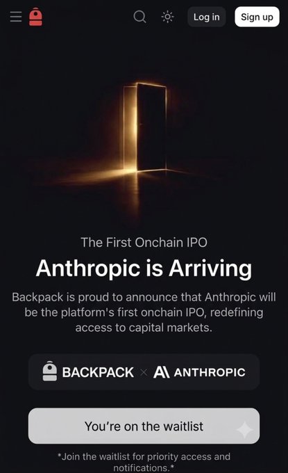 Mobile app screen from Backpack announcing 'The First Onchain IPO - Anthropic is Arriving' with text stating Backpack will be the platform's first onchain IPO, featuring a 'You're on the waitlist' button.