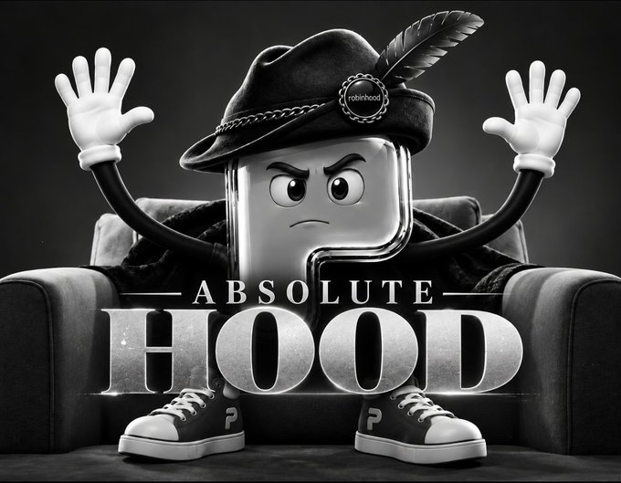 Black and white promotional graphic for Robinhood titled 'ABSOLUTE HOOD' featuring the Robinhood 'P' mascot character wearing a feathered hat and sneakers, sitting on a couch with hands raised.