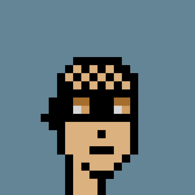 A pixel art portrait of a Cryptopunk character with a black headband, brown eyes, and stubble on a blue background, corresponding to Punk #2131, which was purchased for 31.70 ETH ($77,348 USD) between the addresses 0xa604...db82 and 0x53e3...2ab2.
