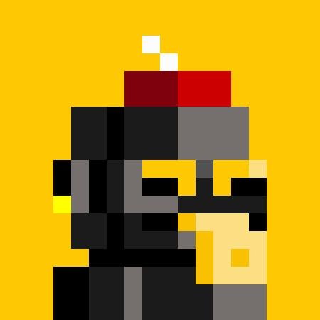 A pixel art depiction of a miner or figure wearing a hard hat with a light, set against a yellow background, visually representing the cryptocurrency mining theme of the ZecBit NFT collection on the Zcash blockchain being promoted.
