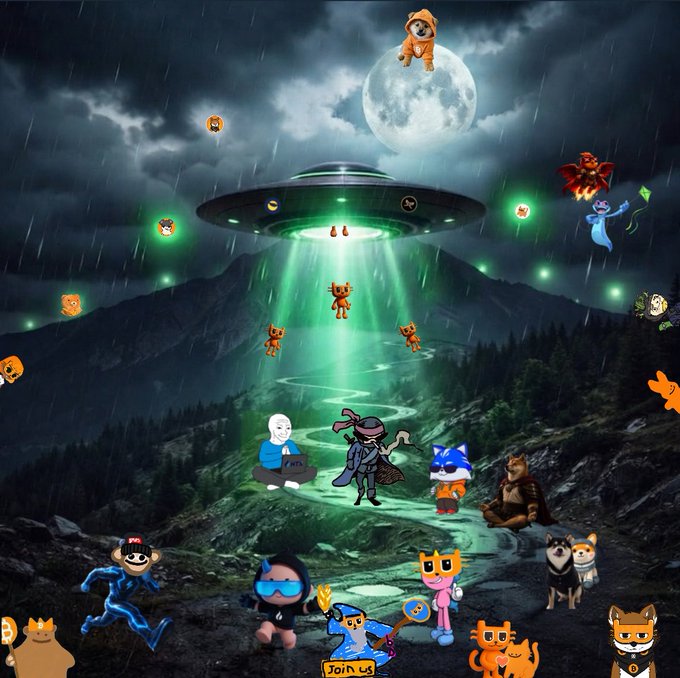 A nighttime UFO abduction scene with a glowing beam over a mountain under a full moon, surrounded by various cartoon characters and crypto-themed memecoins including DOG, billy, mim, gizmo, lobo, saiko, kika, and bro, celebrating "ufo day unlocked" with rune energy powering up Bitcoin Ordinals.